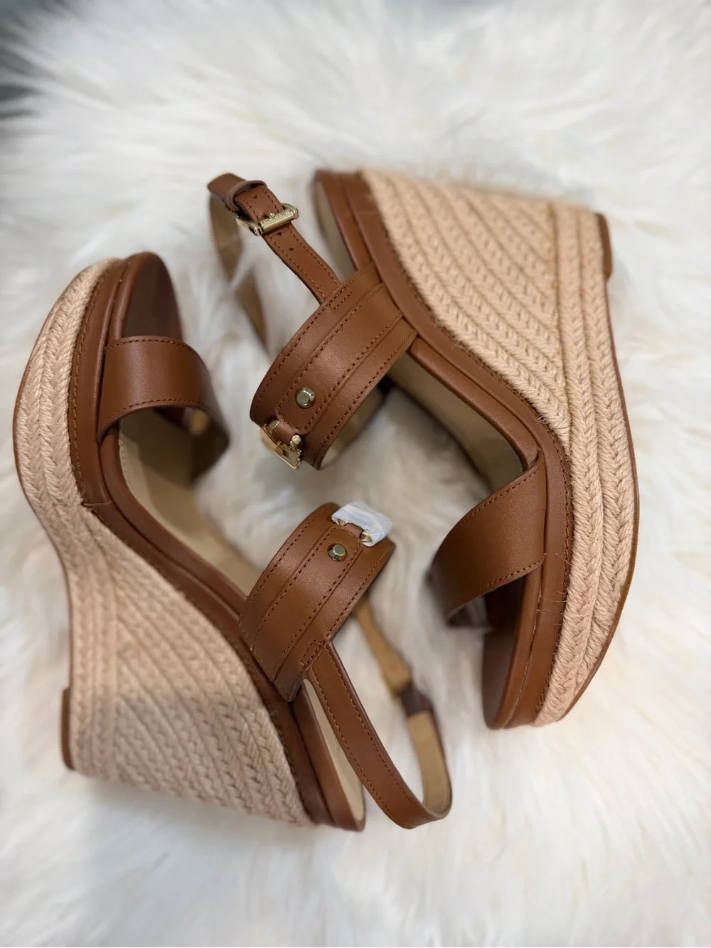 Michael Kors Cognac Brown Espadrille Wedge Sandals with Gold Accents